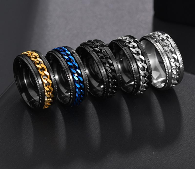 Titanium Stainless Steel Chain Spinner Ring For Men Blue Gold Black Punk Rock Rings Accessories Jewelry Gift