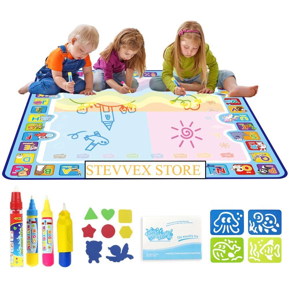 Coolplay 100x100cm Magic Water Drawing Mat Doodle Mat & 4 Drawing Pens & 1 Stamps Set Painting Board Educational Toys for Kids