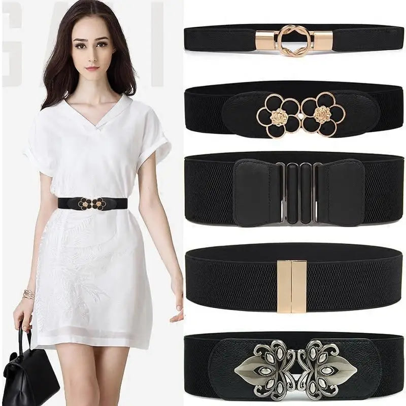 Fashion Black Metal Flower Design Buckle Wide Leather Strap Belt For Women Vintage Women Plus Size Decorative Elastic Waistbands - STEVVEX Fashion - 702, belt, belts, belts for women, black belt, casual belt, classic belt, cool belt, elegant belt, fashion belt, flower buckle belt, leather belts, leather strap belt, luxury belt, metal buckle belt, plus size belt, retro belt, round buckle belt, stylish belt, unique belt, vintage belt, wide strap belt, women belt - Stevvex.com