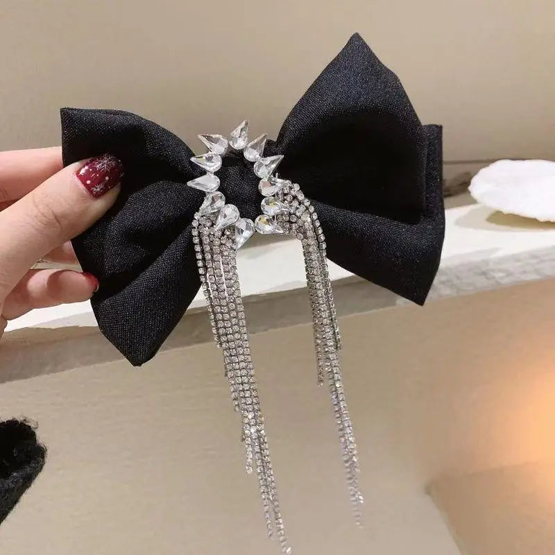 Fashion Black Shiny Crystal Bow Rhinestone Tassel Hair Clips For Ladies Luxury Design Bows Hair Accessories For Women