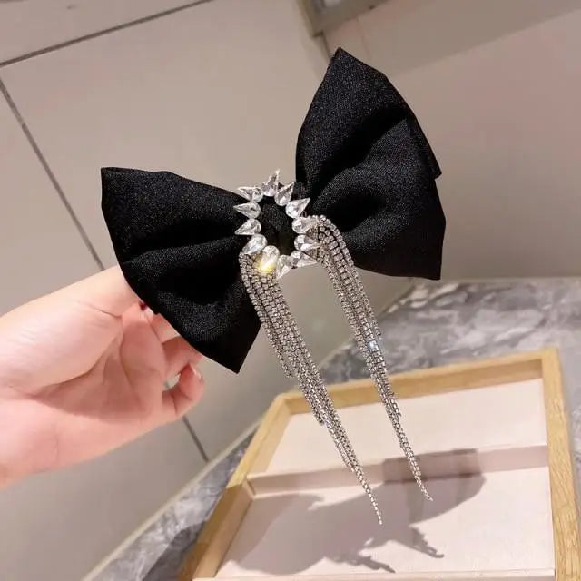 Fashion Black Shiny Crystal Bow Rhinestone Tassel Hair Clips For Ladies Luxury Design Bows Hair Accessories For Women