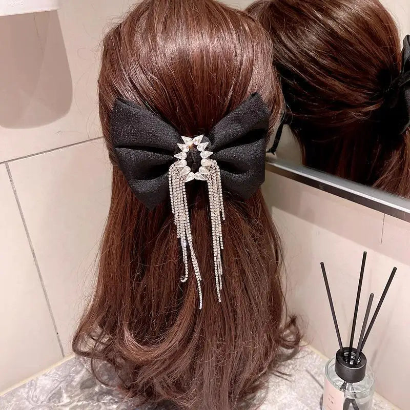 Fashion Black Shiny Crystal Bow Rhinestone Tassel Hair Clips For Ladies Luxury Design Bows Hair Accessories For Women