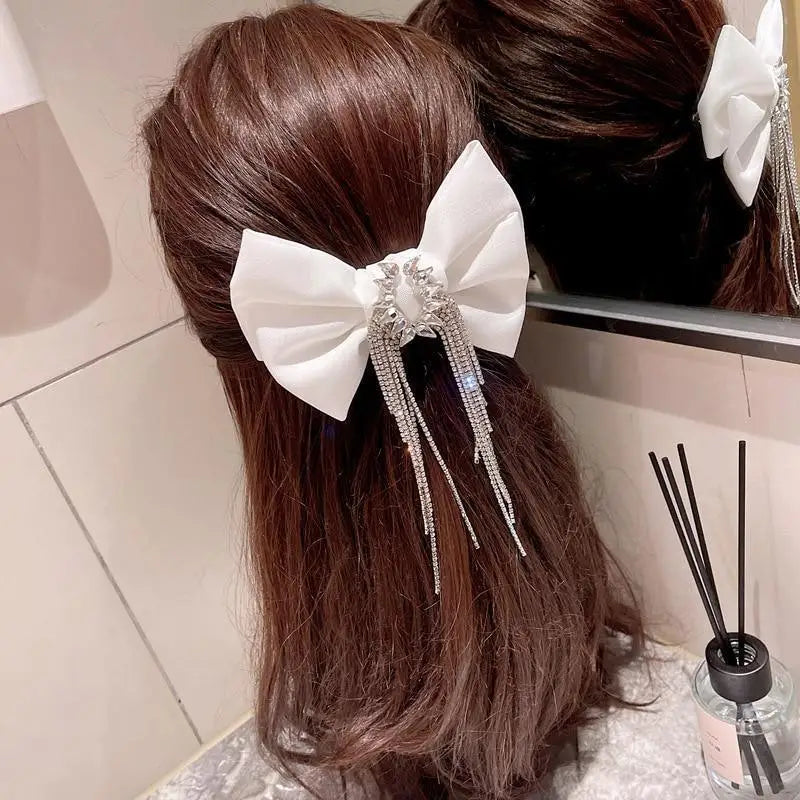 Fashion Black Shiny Crystal Bow Rhinestone Tassel Hair Clips For Ladies Luxury Design Bows Hair Accessories For Women