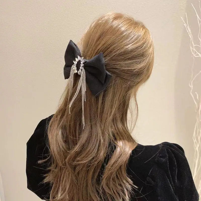 Fashion Black Shiny Crystal Bow Rhinestone Tassel Hair Clips For Ladies Luxury Design Bows Hair Accessories For Women