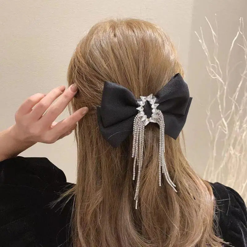 Fashion Black Shiny Crystal Bow Rhinestone Tassel Hair Clips For Ladies Luxury Design Bows Hair Accessories For Women