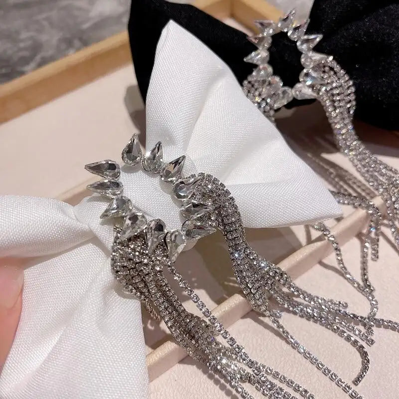 Fashion Black Shiny Crystal Bow Rhinestone Tassel Hair Clips For Ladies Luxury Design Bows Hair Accessories For Women