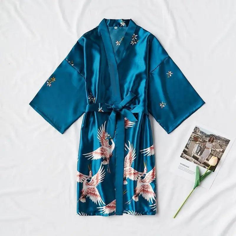 Fashion Blue Floral Bird Print Stylish Bathrobes Modern Comfortable Design Silk Soft Sleepwear For Women - STIL8576RUHJB