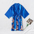 Fashion Blue Floral Bird Print Stylish Bathrobes Modern Comfortable Design Silk Soft Sleepwear For Women - Royal blue