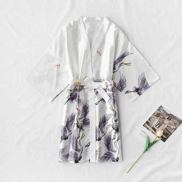 Fashion Blue Floral Bird Print Stylish Bathrobes Modern Comfortable Design Silk Soft Sleepwear For Women - White / M