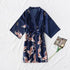 Fashion Blue Floral Bird Print Stylish Bathrobes Modern Comfortable Design Silk Soft Sleepwear For Women - Navy / M