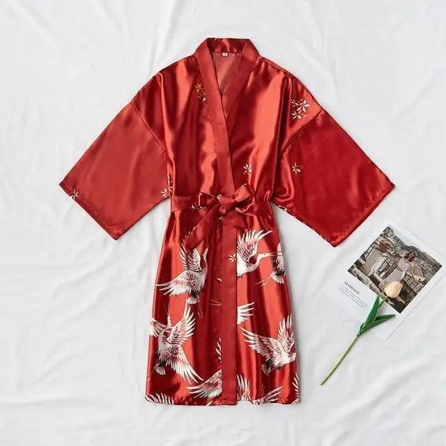 Fashion Blue Floral Bird Print Stylish Bathrobes Modern Comfortable Design Silk Soft Sleepwear For Women - Wine red / M