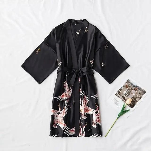 Fashion Blue Floral Bird Print Stylish Bathrobes Modern Comfortable Design Silk Soft Sleepwear For Women - Black / M