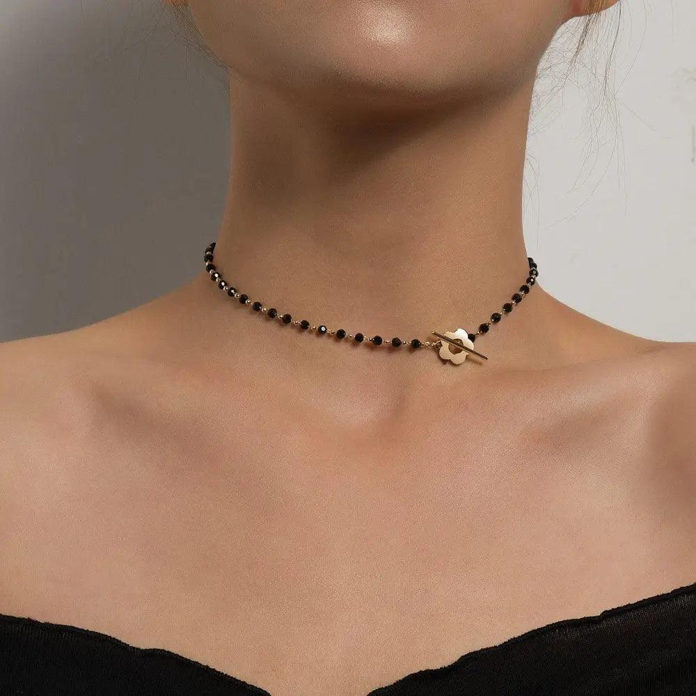 Fashion Luxury Black Crystal Glass Bead Chain Choker Necklace Party Charm Lock Collar Necklace Jewelry For Women