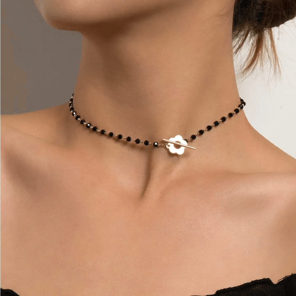 Fashion Luxury Black Crystal Glass Bead Chain Choker Necklace Party Charm Lock Collar Necklace Jewelry For Women