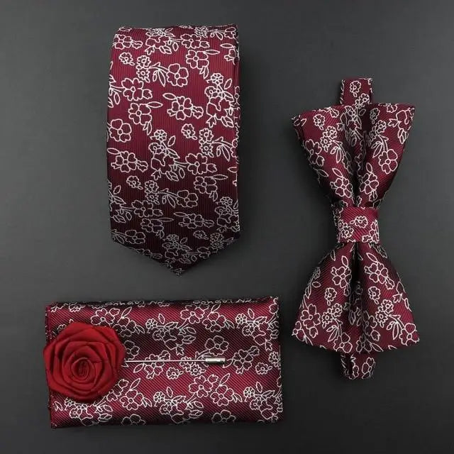 Fashion Red Business Necktie Matching Bowtie Flower Vintage Design Set For Men Self - Tie Bow Tie And Pocket Square