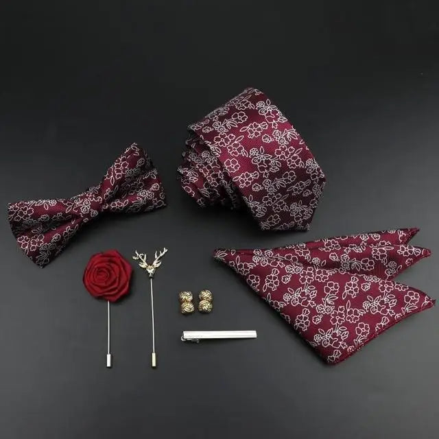 Fashion Red Business Necktie Matching Bowtie Flower Vintage Design Set For Men Self - Tie Bow Tie And Pocket Square