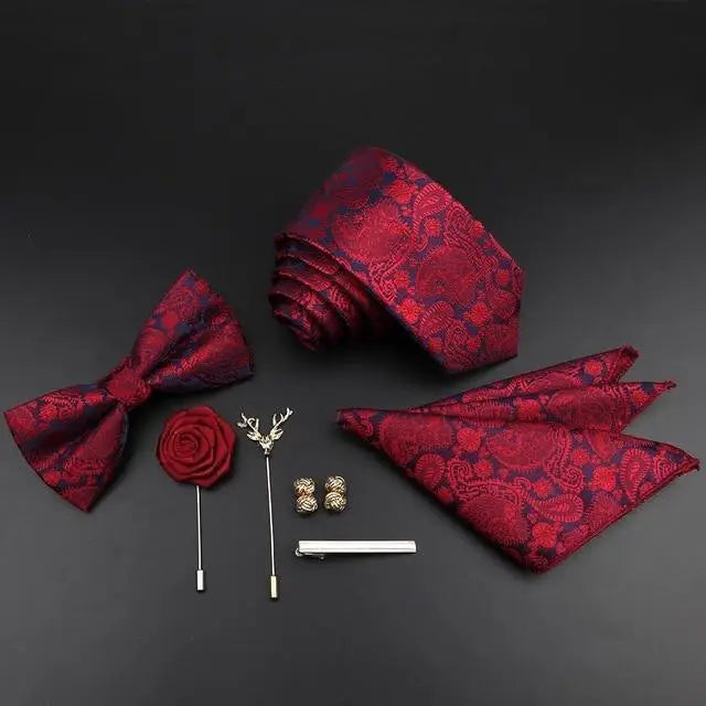 Fashion Red Business Necktie Matching Bowtie Flower Vintage Design Set For Men Self - Tie Bow Tie And Pocket Square