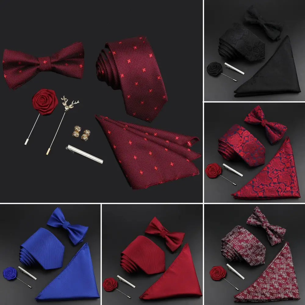 Fashion Red Business Necktie Matching Bowtie Flower Vintage Design Set For Men Self - Tie Bow Tie And Pocket Square