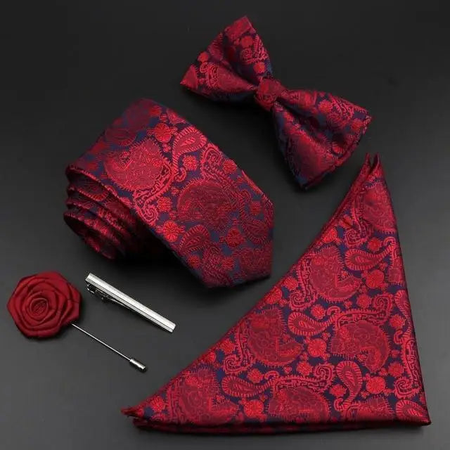 Fashion Red Business Necktie Matching Bowtie Flower Vintage Design Set For Men Self - Tie Bow Tie And Pocket Square