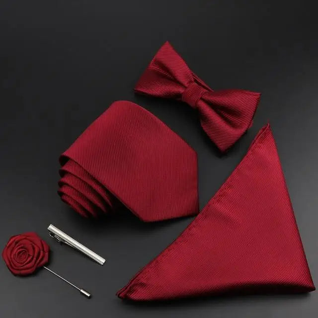 Fashion Red Business Necktie Matching Bowtie Flower Vintage Design Set For Men Self - Tie Bow Tie And Pocket Square