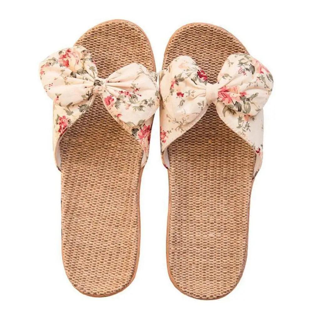 Fashion Woman Beach Floral Pattern Butterfly Knot Slippers Unique Flat Flip Flops Design For Women Outdoor Home