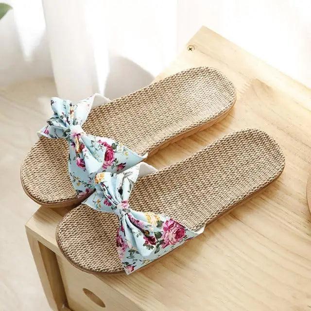 Fashion Woman Beach Floral Pattern Butterfly Knot Slippers Unique Flat Flip Flops Design For Women Outdoor Home