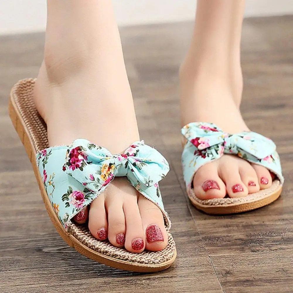 Fashion Woman Beach Floral Pattern Butterfly Knot Slippers Unique Flat Flip Flops Design For Women Outdoor Home