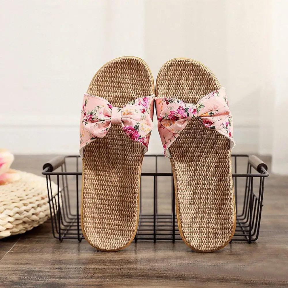 Fashion Woman Beach Floral Pattern Butterfly Knot Slippers Unique Flat Flip Flops Design For Women Outdoor Home