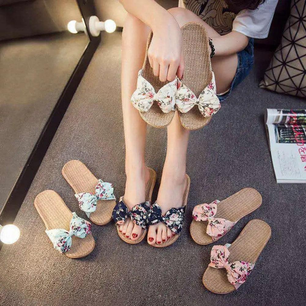 Fashion Woman Beach Floral Pattern Butterfly Knot Slippers Unique Flat Flip Flops Design For Women Outdoor Home