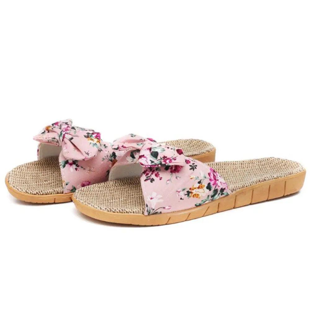 Fashion Woman Beach Floral Pattern Butterfly Knot Slippers Unique Flat Flip Flops Design For Women Outdoor Home