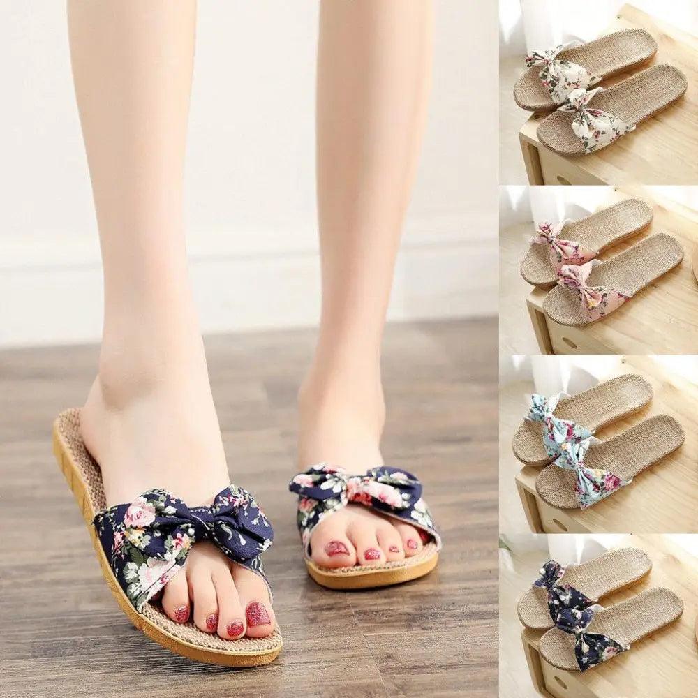 Fashion Woman Beach Floral Pattern Butterfly Knot Slippers Unique Flat Flip Flops Design For Women Outdoor Home