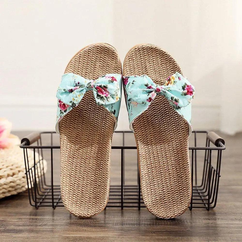 Fashion Woman Beach Floral Pattern Butterfly Knot Slippers Unique Flat Flip Flops Design For Women Outdoor Home