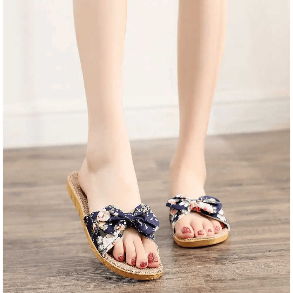 Fashion Woman Beach Floral Pattern Butterfly Knot Slippers Unique Flat Flip Flops Design For Women Outdoor Home