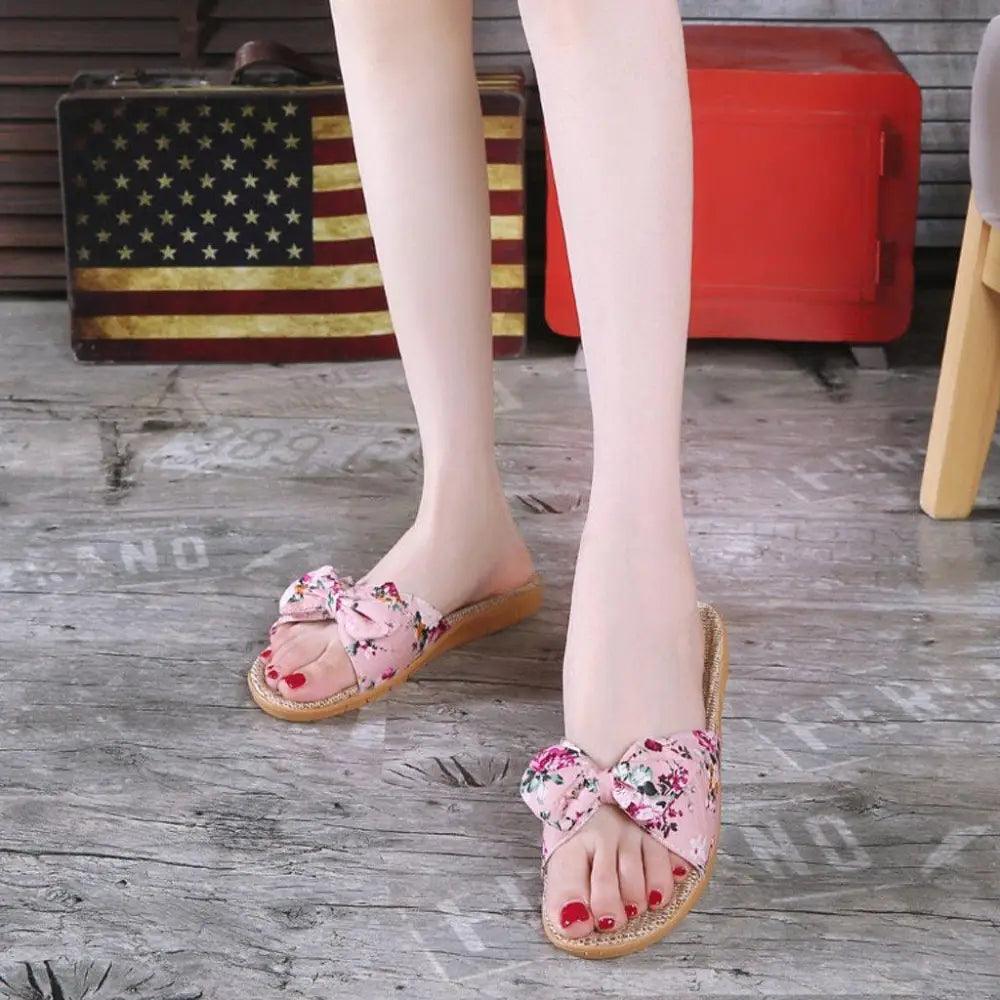 Fashion Woman Beach Floral Pattern Butterfly Knot Slippers Unique Flat Flip Flops Design For Women Outdoor Home