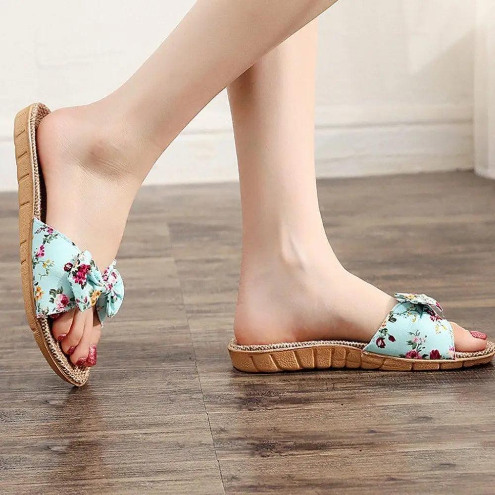 Fashion Woman Beach Floral Pattern Butterfly Knot Slippers Unique Flat Flip Flops Design For Women Outdoor Home