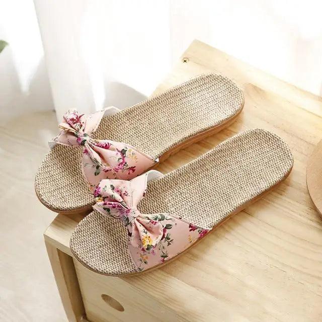 Fashion Woman Beach Floral Pattern Butterfly Knot Slippers Unique Flat Flip Flops Design For Women Outdoor Home