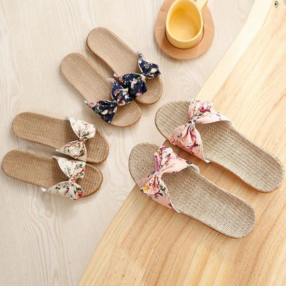 Fashion Woman Beach Floral Pattern Butterfly Knot Slippers Unique Flat Flip Flops Design For Women Outdoor Home