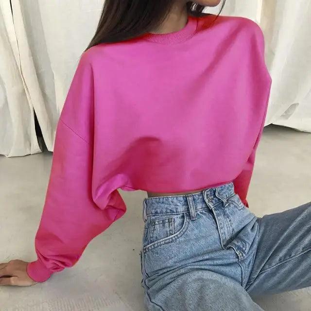 Fashion Women Solid Color Loose Sweatshirts Pullover Tops Long Sleeve Round Collar Crop Tops Ladies Plain Sweet Sweatshirts - Treko - Casual Tracksuit, Cool Fashion, Cool Hoodies, Female Fashion, Hoodies, Jaket Hoodies, Loose Hoodies, Luxury Hoodies, Modern Hoodies, Multi Pockets Hoodies, New Hoodies, Stylish Hoodies, Women fashion, Women Hoodies- Stevvex.com