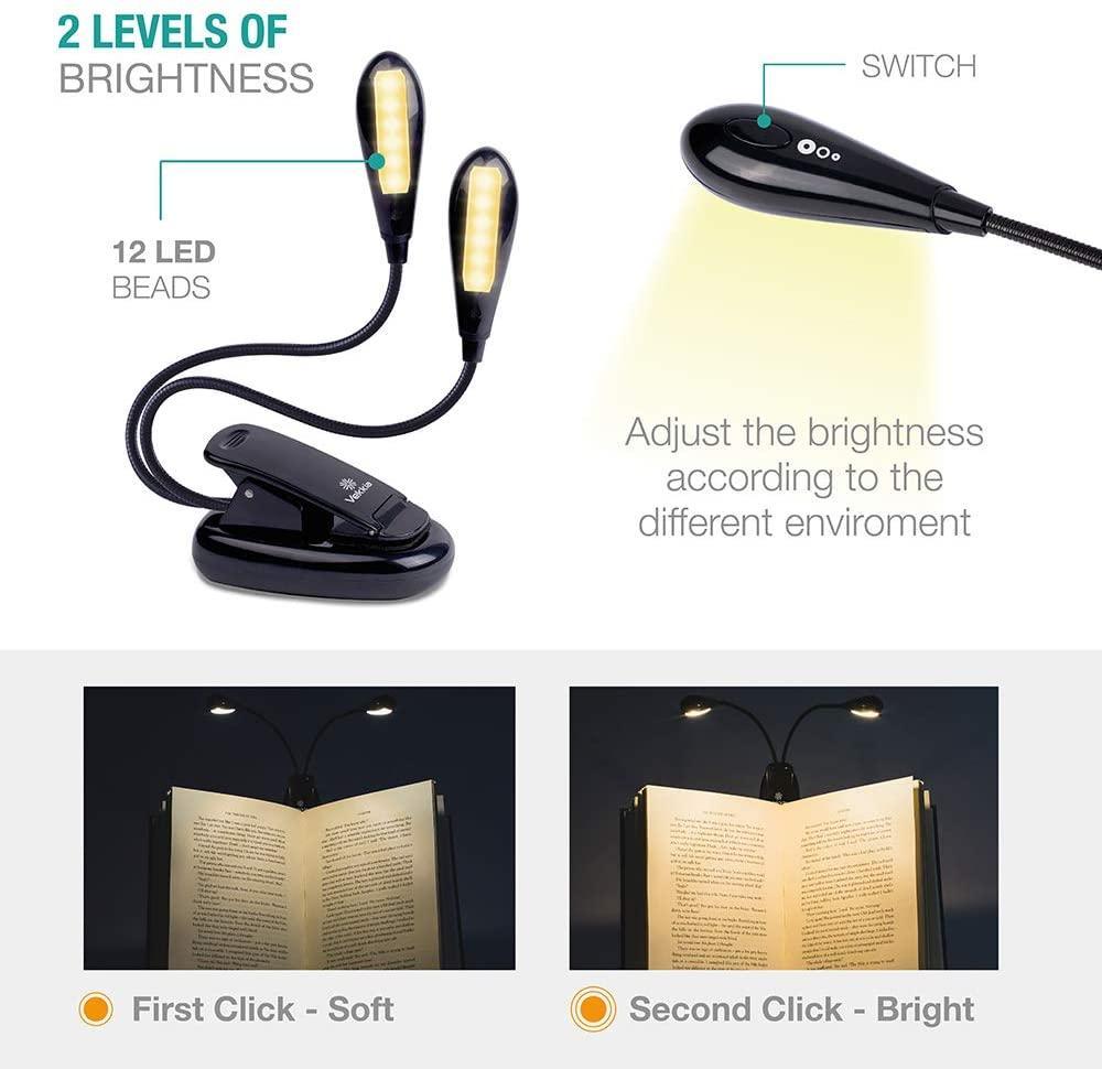 Super Adjustable Goosenecks Clip LED Lamp For Book Reading With Stand And Double Ligh  Rechargeable 12 LED Warm Book Light, Clip On Bed Reading Light, Music Stand Lamp, 2 Brightness & 2 Goosenecks Light Up 2 Full Pages. Perfect For Bookworms, Kids & Music