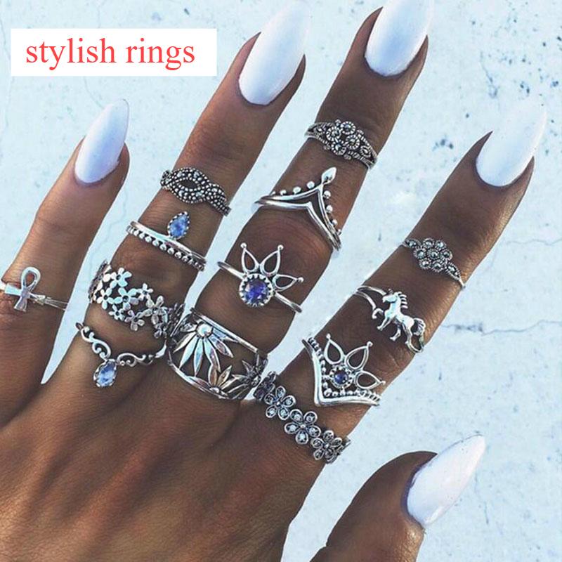 Bohemia Antique Luxury Silver Color Crown Elegant Flower Unicorn Carved Rings Sets Great Knuckle Rings For Women Jewelry