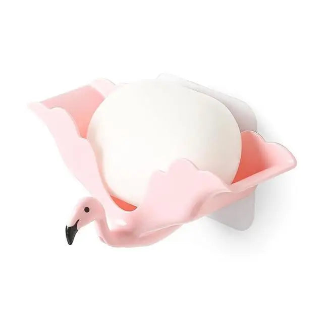 Flamingo Soap Dish Keep Soap Dry Clean Shower Soap Saver Tray Plastic Adhesive Drain Sponge Holder Bathroom Tool Soap