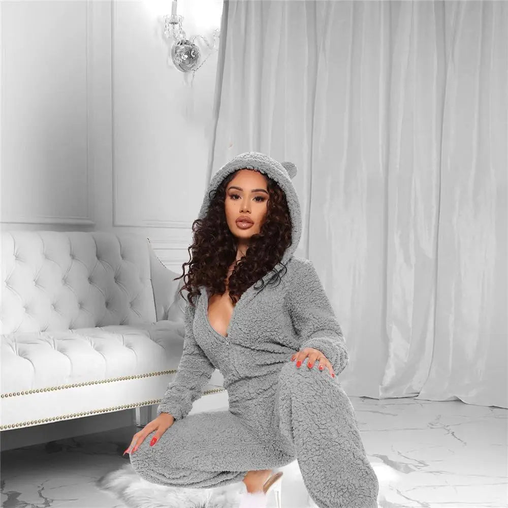 2021 Fleece Jumpsuits For Women Autumn Winter One Piece Outfit Women Hooded Romper With Zipper Winter Cute Pajamas For Winter - Treko - 2021 pajamas, 2021 trends, birthday gifts, comfortable pajamas, fashion 2021, fashionable pajamas, new trend 2021, pajamas 2021, pajamas for women, trends 2021, trendy pajamas, trendy pajamas 2021, trendy pajamas for women, winter pajamas, winter pajamas 2021, winter women pajamas, women pajamas- Stevvex.com