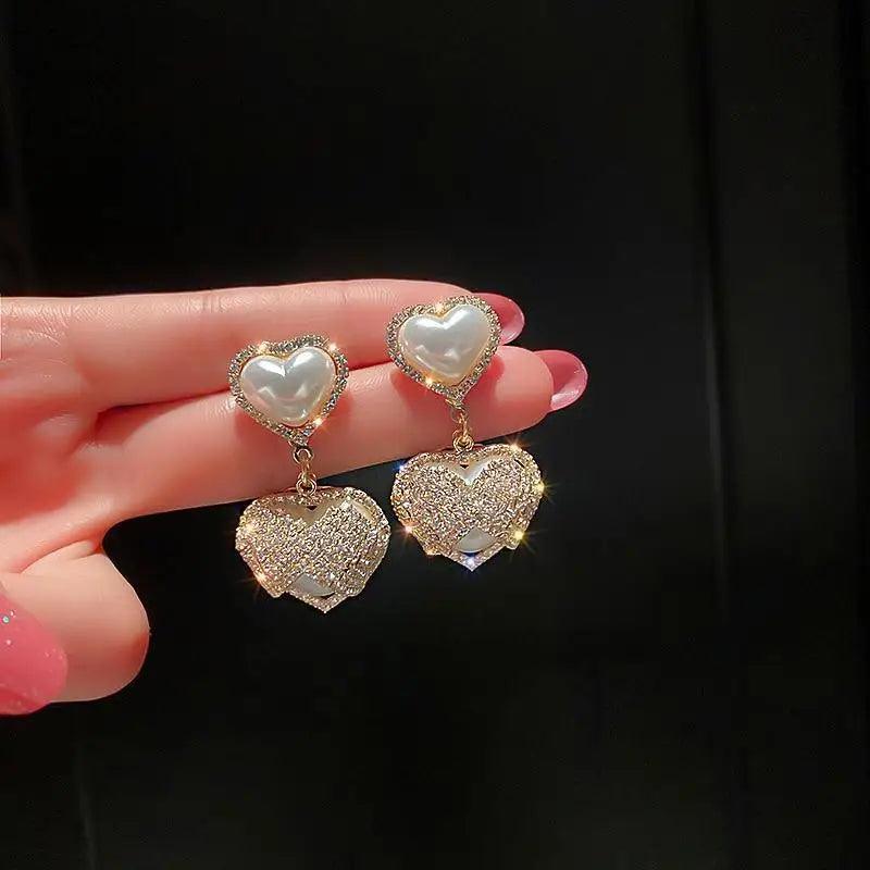 Graceful Cubic Zirconia Double Pearl Heart Drop Earrings For Women And Girls - Fashionable Female Accessories - 5