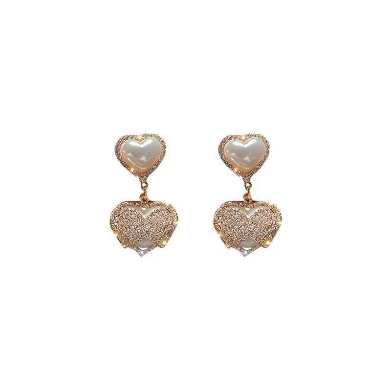 Graceful Cubic Zirconia Double Pearl Heart Drop Earrings For Women And Girls - Fashionable Female Accessories