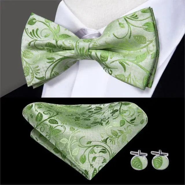 Green Color Silk Butterfly Pre - Tied Bow Tie Pocket Square Cufflinks Suit Set For Men Silk Adjustable Self Bowtie