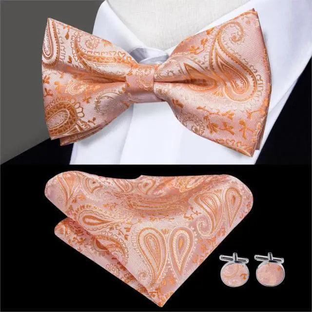 Green Color Silk Butterfly Pre - Tied Bow Tie Pocket Square Cufflinks Suit Set For Men Silk Adjustable Self Bowtie