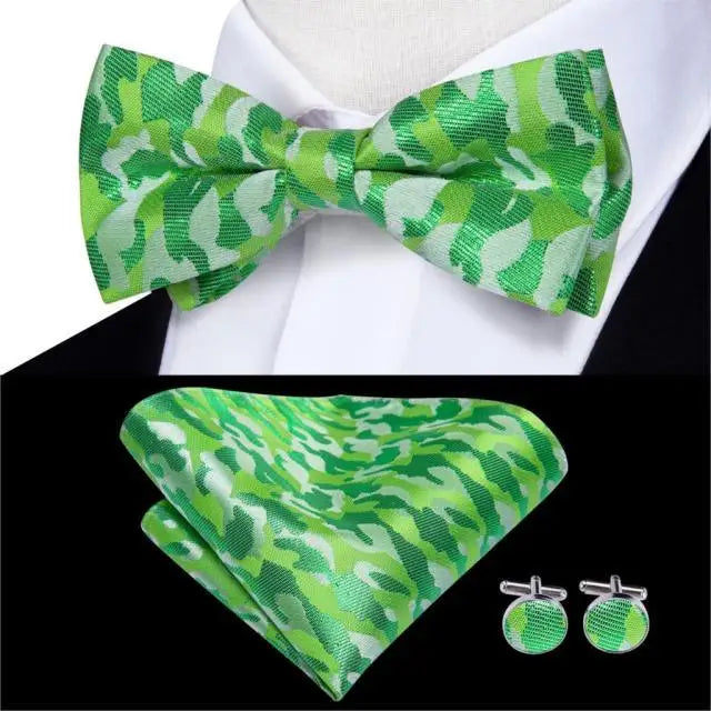 Green Color Silk Butterfly Pre - Tied Bow Tie Pocket Square Cufflinks Suit Set For Men Silk Adjustable Self Bowtie