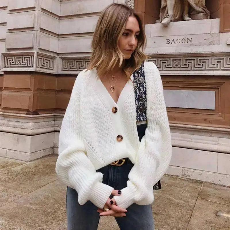 Hot Look Stylish Women’s Knitted Cardigans Sweater Fashionable Autumn Long Sleeve Loose Coat Casual Button Thick V