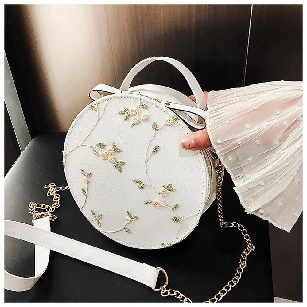 Hot Looking Sweet Lace Round Handbags High Quality PU Leather Small Fresh Flower Chain Shoulder Crossbody Bags