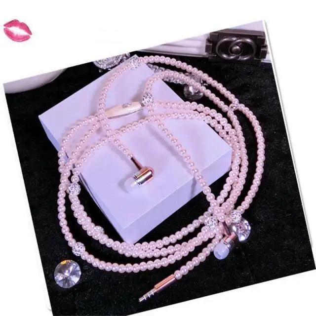 Ladies Luxury Pearl Necklace Pink Earphones With Mic Excellent Sound Quality Stereo Earphones For Everyday Use - Pink